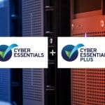 cyber essentials and cyber essentials plus over red and blue computers